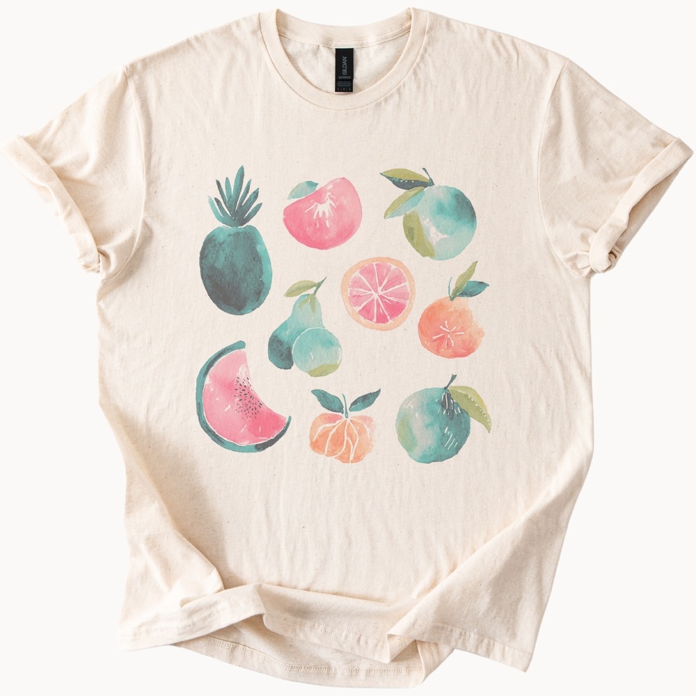Watercolor Fruit & Vegetables Graphic Tee Natural Botanical Art